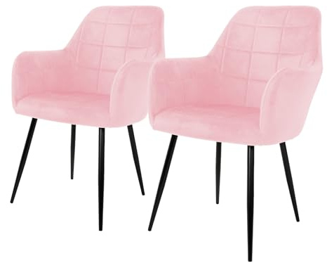 ECD Germany 2er Set Esszimmerstühle mit Rücken- und Armlehnen, Rosa, Küchenstühle mit Samtbezug, Polsterstühle mit Stahlgestell, Ergonomische Stühle für Esstisch, Wohnzimmerstühle Esszimmerstuhl