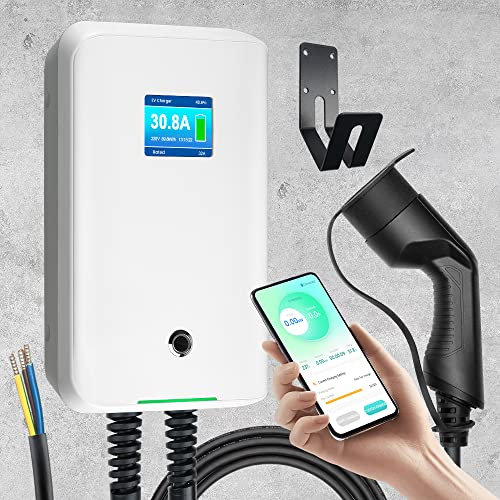 Morec Wallbox 7,4KW Tipo 2 Colonnina Ricarica Auto Elettrica con Smart APP connessa tramite WIFI e Bluetooth, Caricabatterie EV monofase 6-32A 6M con standard IEC62196-2, RCD tipo B per BEV/PHEV