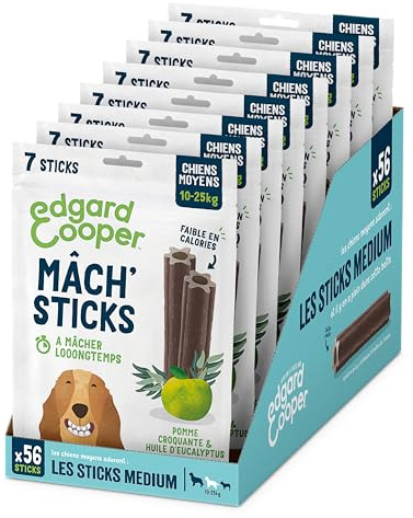 Edgard Cooper Leckerli für Hunde, (Eukalyptus & Apfel, 7 Sticks x 8), mittel, Einer pro Tag, kalorienarm, effizientes langes Kauen, frischer Atem