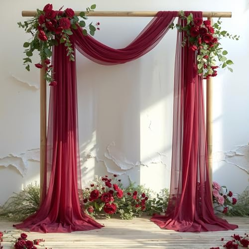 Tissu drapé pour arche de mariage, 1 panneau de toile de fond transparente bordeaux en tulle pour tonnelle, arche de mariage, cérémonie, fête, décoration de plafond