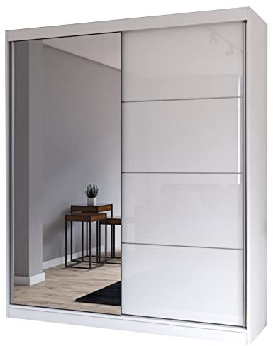 Fabryka Mebli Idźczak Kleiderschrank mit Spiegel - Schwebetürenschrank, Schlafzimmerschrank - Weiß Schrank für Schlafzimmer, Ankleidezimmer - 61 x 183 x 218 cm - Garderobenschrank