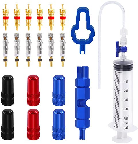 Wokape 21Pcs Bike Syringe Kit, Include Tubeless Sealant Injector with Switch & Presta Schrader Valve Cores & Valve Core Removal Tool Kit, for Stans No Tubes Sealant Bike Tire Repair Tool
