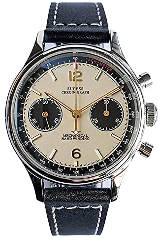Sugess Chronograph Herrenuhren Möwe ST1901 Mechanisches Uhrwerk Panda Lässig Klassisch Edelstahl Armbanduhren Wasserdicht Leuchtend Uhren mit Lederarmband für Männer Geschenke(38MM Beige nicht Schwan)