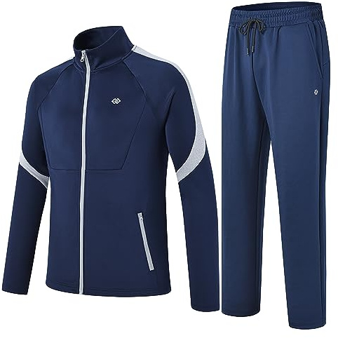 MoFiz Men's Casual Athletic Tracksuit Long Sleeve Sweatsuit Set Full Zip Running Jacket and Pants 2 Piece Outfits Gym Navy Grey XL