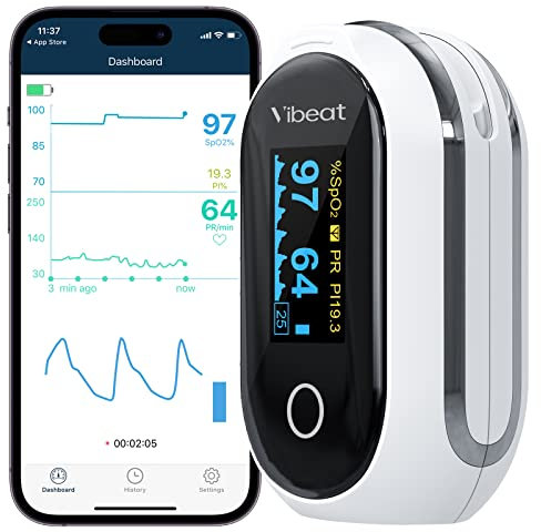 Pulsossimetro da dito Ricaricabile, Saturimetro da dito Bluetooth, Monitor della Saturazione di Ossigeno nel Sangue con Modalità di Registrazione Continua, Monitor della Frequenza Cardiaca con APP
