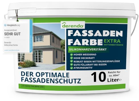 derendo Fassadenfarbe Beige silikonharzverstärkt aussen Cremefarben 10l | Für Putz Beton, Abperleffekt, wasserabweisend, UV-beständig, hohe Deckkraft, rissfüllend, diffusionsoffen, Made in Germany