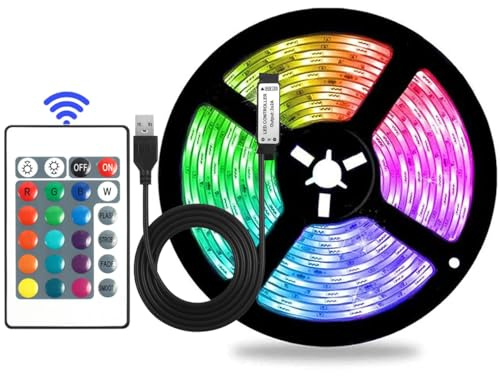 Valletock Paquete de baterías y tira de luces LED RGB alimentadas por USB, 16 variaciones de colores con control remoto por infrarrojos, luces LED multicolor autoadhesivas para TV, decoración de