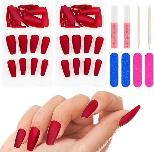 Kiiwah 48 Pcs Lange Nägel zum Aufkleben, Matte Press on Nails, Künstliche Nägel, Fingernägel zum Aufkleben für Damen Christmas Halloween (Rot)