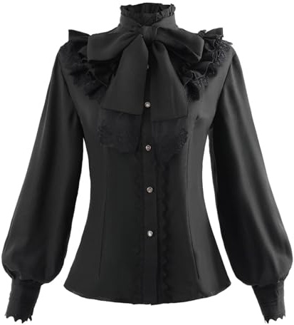 CR ROLECOS Victorian Blouse Women Lolita Lace Stand-Up Collar Black Lotus Ruffle Shirt Retro L