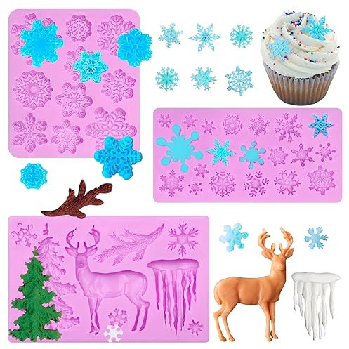 Silikonformen mit Weihnachtsschneeflocke, Hirsch, Tannenbaum, Eiszapfen, Schokoladenformen, Weihnachtsthema, Fondant, Backformen für Kuchendekoration, Cupcake-Topper, Süßigkeiten, Zucker, Handwerk,