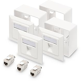 DIGITUS 1-Port Netzwerkdose – 3 Stück – Mit 3x Cat6A Keystone-Modul – Auslass 45° Gewinkelt – Mit Rahmen zur Aufputzmontage – Weiß