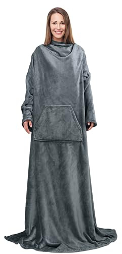 Catalonia Classy Fleece helkroppsfilt med huva och ärmar, mysiga gåvor, TV-filt gosig filt, varma snuggle-filtar, 183 x 140 cm, grå