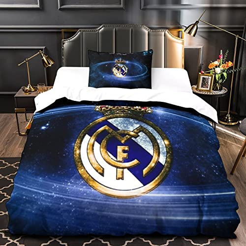 Real Madrid Funda De Edredón con Estampado 3D,Ropa De Cama Fútbol Clubs Funda Nórdica,de Microfibra,Juegos De 3 Piezas para Niños,Adolescentes Y Adultos Single（135x200cm）