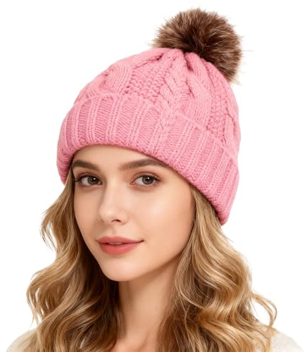 Varm mössa för kvinnor stickad mössa med pompom snö stickad skalle skidmössa för kvinnor flickor, Rosa, en storlek