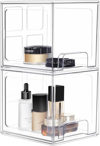 Greentainer Kosmetik-Organizer-Schubladen,Stapelbare Transparenter Acryl-Make-up-Organizer, Schreibtisch-Schubladen-Aufbewahrungsbox für Waschtisch, Badezimmer, Schlafzimmer (Zwei hohe Boxen)