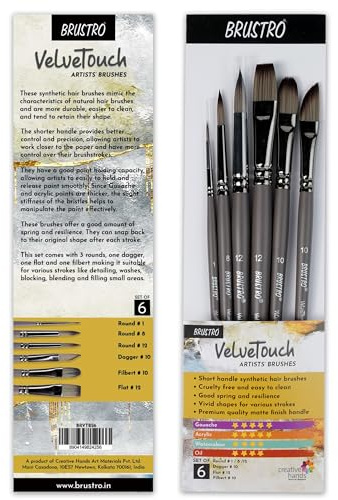 BRUSTRO VelveTouch - Set di 6 pennelli per artista a guazzo, acrilico, acquerello e pittura ad olio, manico corto, setole sintetiche, rotondo, filbert, pugnale, forma piatta