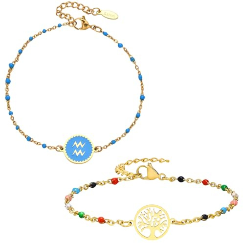 Caimeytie 2 Bracelets: Zodiaque et Arbre de Vie, Parure Bijoux Femme en Acier Inoxydable, Multicolore - Idée Cadeau