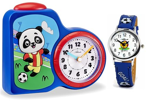 Atlanta Kinderwecker Fußball ohne Ticken für Jungen Blau im Set mit Armbanduhr - 2145/5 KAU