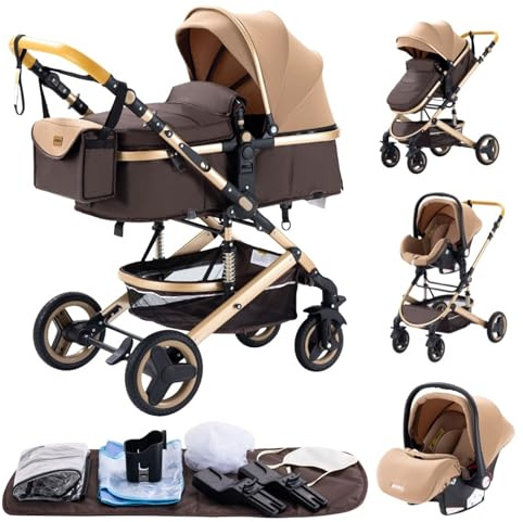 GLOKID Carrito bebé 3 en 1, Carro, Carrito bebé 3 Piezas, Silla Paseo, Sistema de viaje, Plegable, neumáticos de caucho, Con accesorios, Góndola, Adaptateurs, 25 kg (530 kaki)…