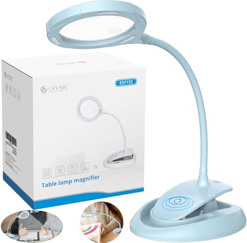 eSynic Magnifying Lamp Popular 5X 10x Magnifying Glass with Light Desk Magnifier Lamp USB Rechargeable Clip On & Stand LED Daylight Magnifying Glasses Hands Free with 15 LEDs for Craft Reading etc