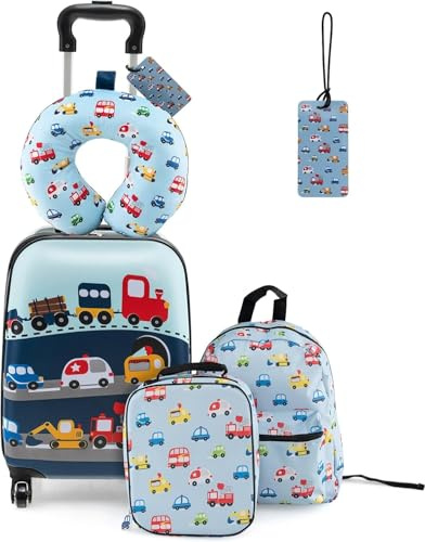 SOARS Maleta Infantil de 5 Piezas, Maleta Viaje con Mochila, Cojín Cervical, Bolsa de Almuerzo y Etiqueta de Equipaje, Equipaje Infantil con Ruedas y Asa Telescópica, para niños y niñas (Cochecito)