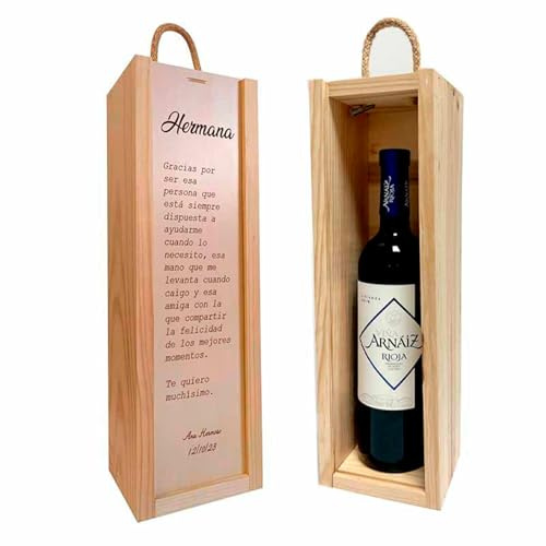 ADRI - Regalos originales personalizados para padres, madres, hermanos, abuelos - Caja de madera personalizada con botella de vino incluida para regalar (FRASE HERMANA)