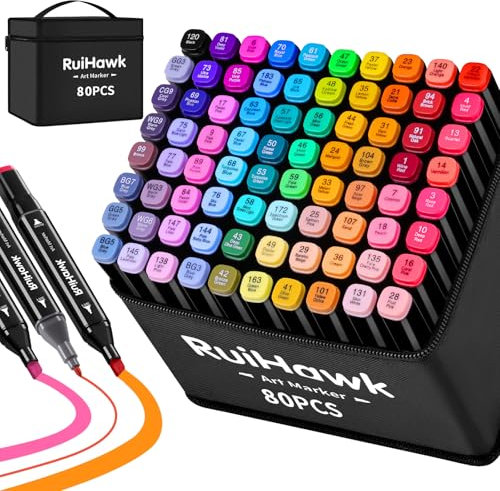 RuiHawk 80 Farben Alkoholmarker Set mit Feinspitze & Breitspitze, schnelltrocknende Profi-Marker für Graffiti, Manga, Skizzen & Design - das perfekte Geschenk für jeden Tag, Weihnachten und Halloween!
