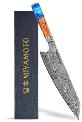 Miyamoto Japanese Chef Knife 8 Inch Steel 67 Layers Damascus Kitchen Knife, Ultra Sharp, Long Lasting Blade, High Carbon Super Steel, Carving Knife Blue Resin