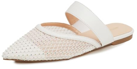 BREEZE NOUTHERLY dammode nätmules slip on rygglösa glidskläpp platt spetsigt nät, Vit strass, 37 EU