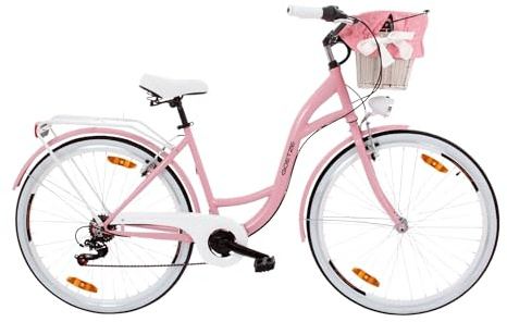 Goetze Mood Damen Fahrrad, City Bike 26/28 Zoll, 6/7-Gang mit Korb | Tiefeinstieg, Shimano-Antrieb, V-Brakes, LED-Beleuchtung, Reflektoren, komplett ausgestattet