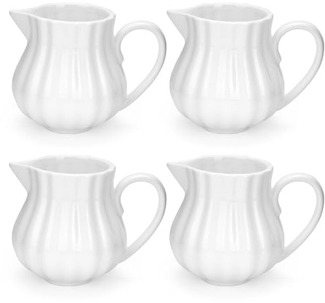 AZKEEGREY 4 PCS White Porcelain Milk Jugs with Handle 200 ml/8 oz | Small Ceramic Creamer Pitcher Milk Pouring Jug for Coffee Sauces