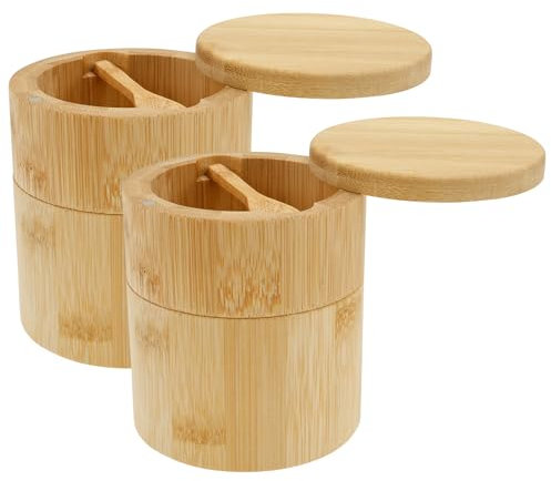 Alongen 2Pcs Bamboo Spices Storage,Cellar With Magnetic Lid Wide Mouth Double Layers Salt Spice Box Multipurpose Rotatable Salt Container Holder for Kitchen Countertop