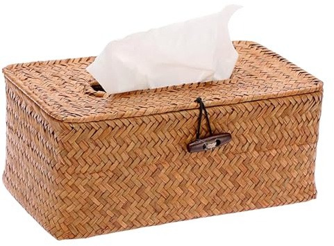 Rechteckige Kosmetiktücher Box aus Seegras,25x14x10cm Taschentuchspender,Praktische Tücherbox,Rechteckige Tissue Box für handelsübliche,TissueBox für Badezimmer Wohnzimmer Büro Restaurant