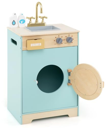 COSTWAY Set di Gioco Lavatrice per Bambini, Giocattolo Lavatrice con Detersivo e Igienizzante per le Mani, Set in Legno con Lavabo, Cassetto e Ruota Rotante, Regalo per Bambini dai 3+ Anni
