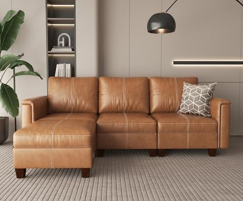 SITJOY Faux Leather Modular Sectional Sofa with Storage, Mid Century Modern Sectional Couches for Living Room, 91 Wide 3 Seater L-Shaped Couch with Ottoman, Brown