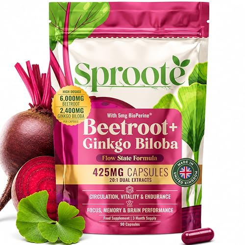 Sproote Flow State Formula | Beetroot & Ginkgo Biloba | 90 Vegan Capsules | Brain & Circulation Support | Dual 20:1 High Strength Extract | Nitric Oxide | Caffeine Free