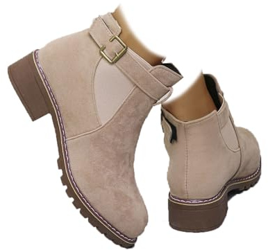 Bottines à enfiler pour femme, côtés élastiques, talon épais, bottes courtes en daim avec sangle à boucle, chaussures de marche confortables et décontractées, rose, 41 EU