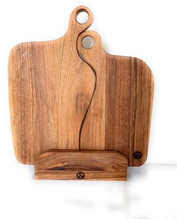 Artisanal Planches à Découper en Noyer d'Isère, Duo de Planches en Bois Massif avec Support, Design Élégant, Pour Cuisine et Service