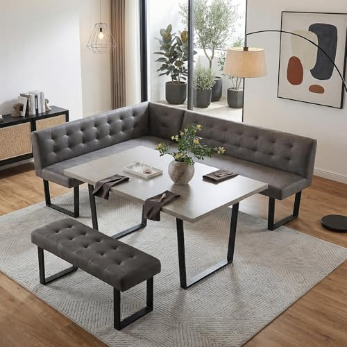 JIEXI Eckbank-Set mit Esstisch, Grau, Gepolsterte Tufting-Bänke, L-Form, 180 x 140 cm, Sitzhöhe 48 cm，(110 cm Feste Länge Tisch Nach rechts abbiegen)