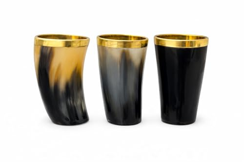 TATLA CRAFT 3er Hornbecher Set – Becher aus Naturmaterial edlem Kupfer-Gold-Rand – Trinkgefäß für Wikinger Met Tankard OX Mugs Cup Set Viking Drinking Buffalo Wikinger Becher Mittelalter Humpen 100ml