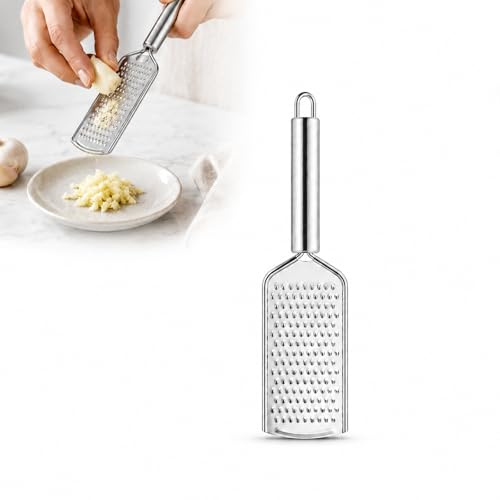 Stainless Steel Flat Handheld Kitchen Grater Zester, Silver, 1-Piece | Rectangular perforated plate, integrated handle and hanging loop, for garlic, ginger, cheese, chocolate and citrus zest