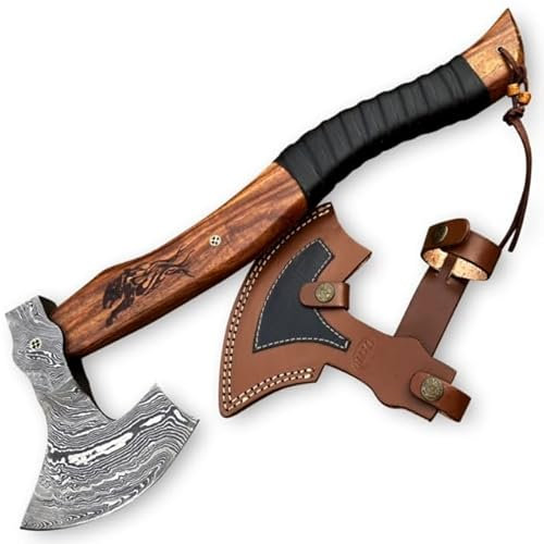 Dessi Handmade Damascus Steel Outdoor Tool Walnut Handle Leather Wrap, Tiger Engraving Leather Sheath, Camping Bushcraft Collectible Gift for Men 2191