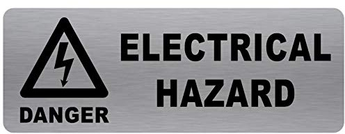 METAL Danger ELECTRICAL HAZARD Sign-WITH IMAGE-Brushed Silver Aluminium -Warning Safety Security Door Notice Shop Warehouse School Cafe Restaurant Business Health Accident Electricity Cables Wires