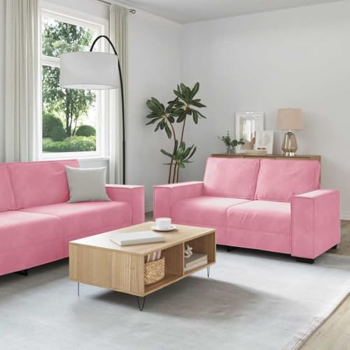 2-tlg. Sofagarnitur Samt Sofa Set Rosa Wohnzimmer Couch mit Kissen, Modernes 2-Sitzer und 3-Sitzer Polstergarnitur für gemütliches Entspannen, Lesen und Fernsehen, Robuste Metall-Holz-Konstruktion