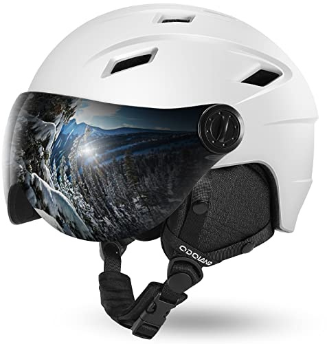 Odoland Casco de Esquí Integral con Gafas de Esquí, Casco Deportivo Unisex para Adultos y Jóvenes, Casco de Esquí con Visera Protección UV 400 y a Prueba de Viento, Blanco, M
