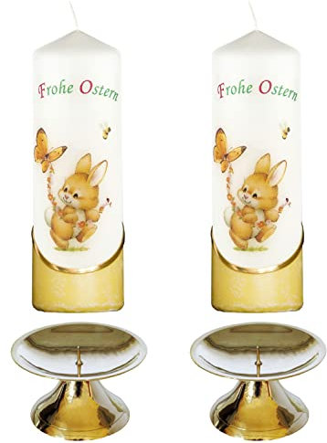 AUSWAHL * 2 Stück Osterkerze Stumpenkerze Osterdeko * 6 x 18 cm * inkl. 2 Kerzenständer aus Messing * mit farbigen Wachs- und Bildauflagen * AUSWAHL Motiv + Farbe * gelb * (Serie 1 - Set 03/03)