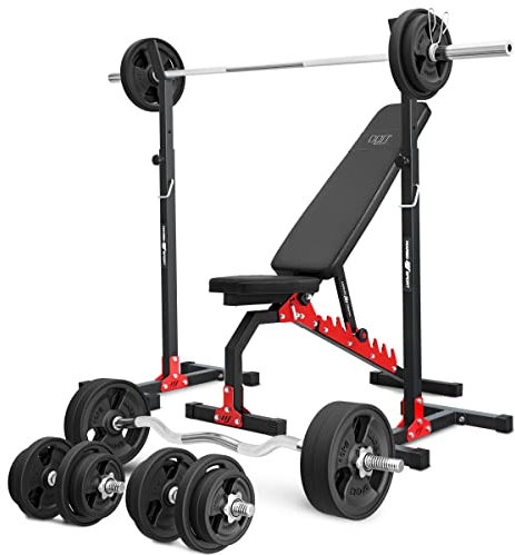 Marbo Sport - Set MH7 – verstellbare Hantelbank, 2-teiliger Langehantelständer, 1 x SZ-Curlstange, 2 x Kurzhantelstange, 1 x Langhantelstange + gummierte Gewichtsscheiben 113 insg. Kg