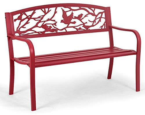 GYMAX Panchina Ghisa da Esterno a 2-3 Posti, Portata di 280 kg, Tubi in Acciaio, Schienale in Ferro, Braccioli Curvi, Panca a Doppia per Giardino/Cortile/Parco/Balcone, 126x60x80 cm, Rosso