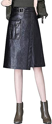 Lazutom Jupe mi-longue vintage en similicuir pour femme, Noir , 40