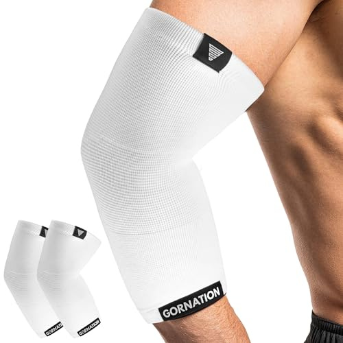 GORNATION Armbågsstöd, Elastiska Armbågsskydd för Män och Kvinnor, Kompressionsärmar för Gymnastik, Bodybuilding, Fitness och Smärtlindring - 1 par, Vit, S